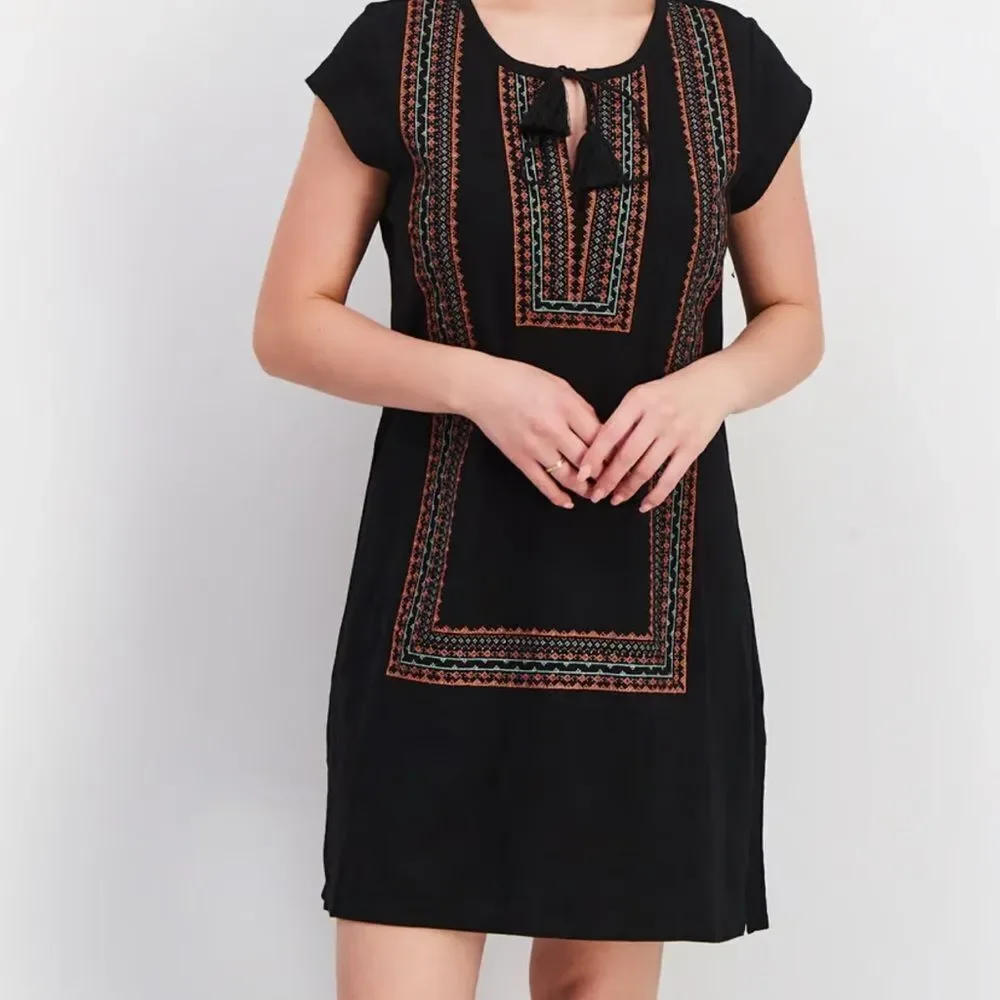 Joie Women Embroidered Detail Boho Cap Sleeve Mini Dress Black Size Small‎